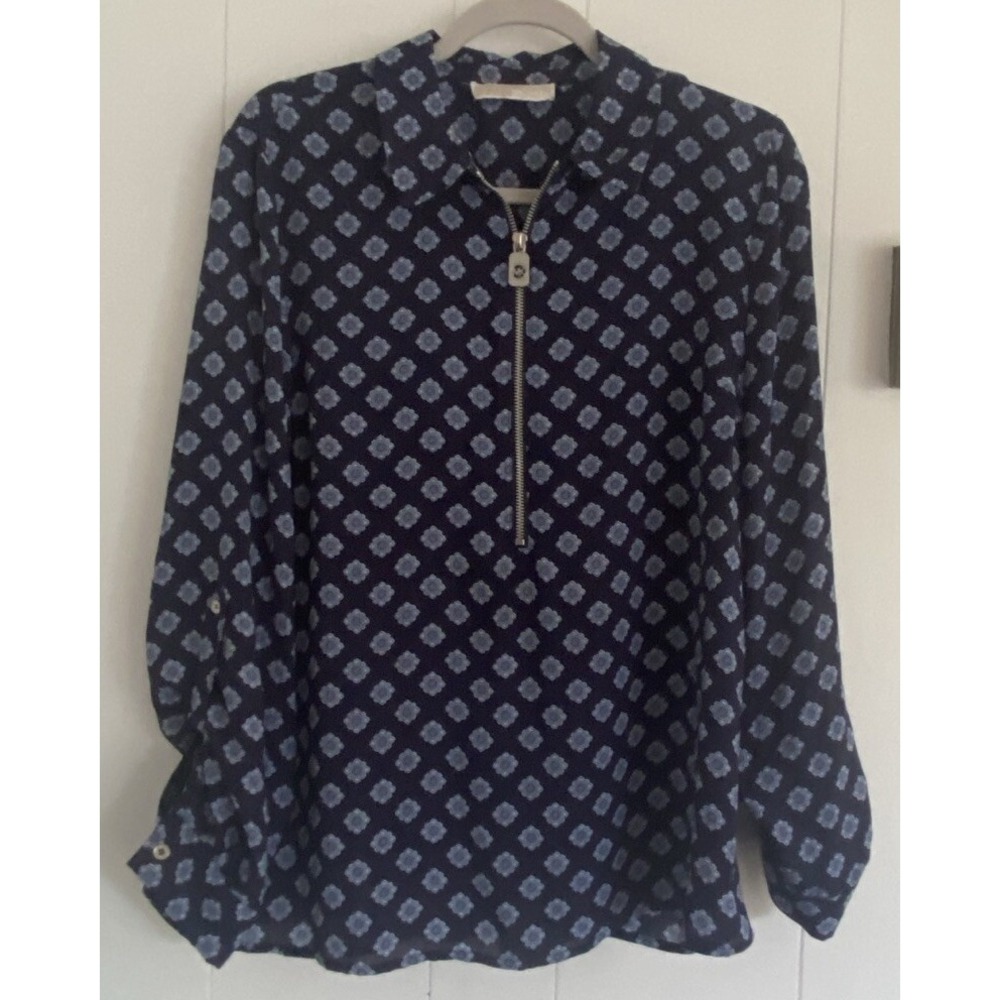 Michael Kors Women's 6 Blue Floral‎ Leaf Print Zipper Popover Blouse 3/4 Sleeves